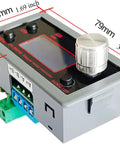 Angled front view of TKXEC DC 5–30V 4A stepper motor driver controller module with display, knob, and green terminal block.