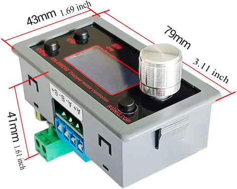 Angled front view of TKXEC DC 5–30V 4A stepper motor driver controller module with display, knob, and green terminal block.