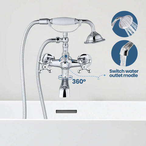 Wall Mount Bathtub Faucet With Telephone Handheld Sprayer Double Hot And Cold Mixer Cross Handles Old School Victorian Chrome Tub Filler For Clawfoot Tubs showcasing dual functionality