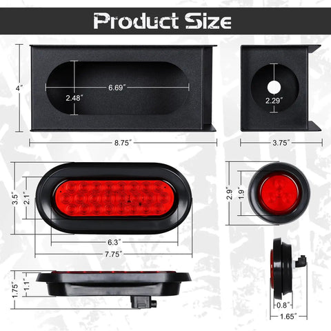 Trailer Lights Welded Mount Heavy Duty Steel Boxes Kit With 6 Inch Oval Red LED Tail Lights And 2 Inch Round Red LED Side Lights measurements