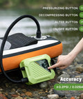 Electric Paddle Board Pump 20 PSI High-Pressure Rechargeable SUP Air Pump With Auto Off inflated on paddle board by lake