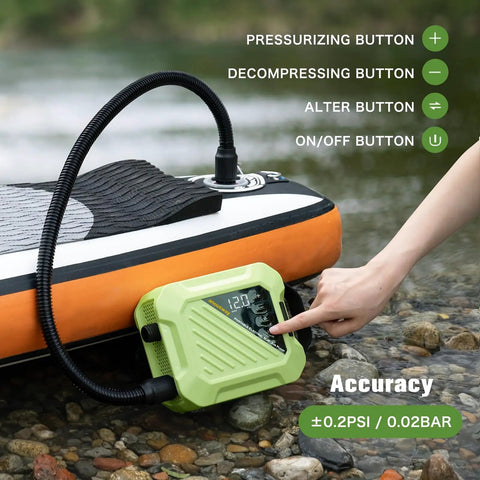 Electric Paddle Board Pump 20 PSI High-Pressure Rechargeable SUP Air Pump With Auto Off inflated on paddle board by lake
