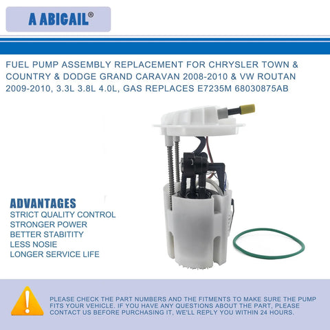 Chrysler Town and Country Dodge Grand Caravan VW Routan Fuel Pump Assembly Replacement 2008 To 2010 3.3L 3.8L 4.0L Gas Replaces OE E7235M 68030875AB