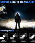 Rechargeable 3000 Lumen LED Headlamp with 90 Degree Rotating Beam adjustable focus showing 4 lighting modes for hiking