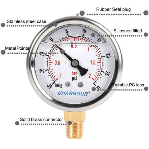 UHARBOUR glycerin-filled vacuum pressure gauge, 2-1/2 in dial, stainless steel case, 1/4 in NPT bottom connector