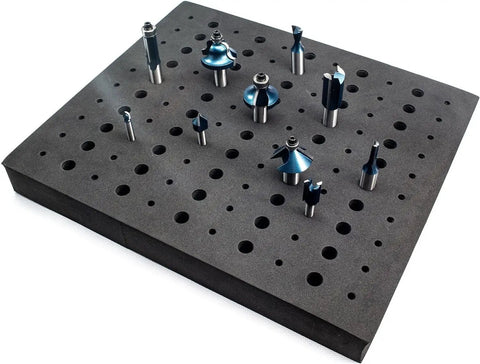 Killer Six And Half Inch Clear Acrylic Router Base Plate With Centering Pin And All The Right Screws Plus Foam Bit Caddy And Ten Piece Guide Bushing Set Straight Fire Shop Upgrade, with dense foam holder for router bits.