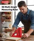 Man using 3D Multi Angle Measuring Square Ruler For Woodworking And Construction Pro Grade Aluminum Carpenter Square with red design