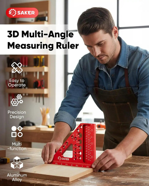 Man using 3D Multi Angle Measuring Square Ruler For Woodworking And Construction Pro Grade Aluminum Carpenter Square with red design