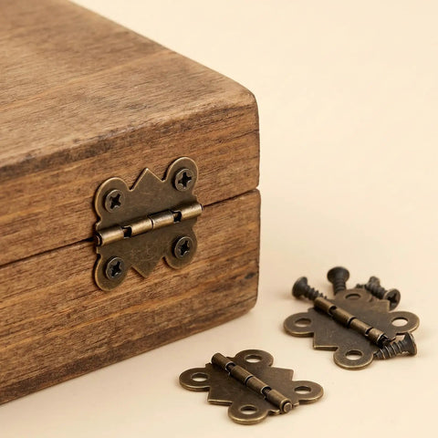 Antique Bronze Butterfly Hinges Set For DIY Crafts With 80 Screws shown with wooden box, mini metal hinges 25x20mm