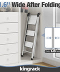 3 Step Aluminum Step Ladder Foldable For Home Use With Steel Frame Stable No Wobble Design Rust Resistant Coating 330 Lb Capacity Lightweight Yet Durable Perfect For Indoor Tasks And Quick Outdoor Fixes, folded 1.6-inch wide