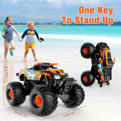 Remote Control Monster Truck Toy 4WD Waterproof Off Road RC Car All Terrain Vehicle 1 to 16 Scale with kids at the beach