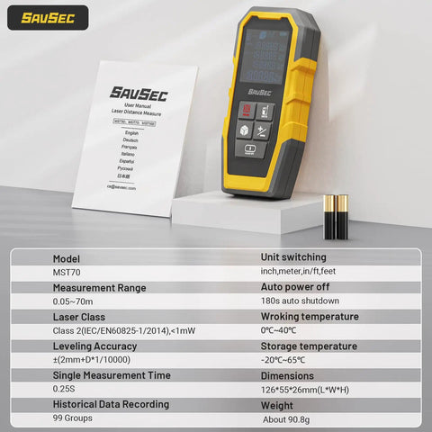 Digital Laser Measure Tool 229 Ft Range, 4 Unit Switching Including Feet, Inches, Meters, and Feet-Inches, 1/16 Inch Accuracy, Fast 0.25s Readings, 99-Record Storage, Pro Grade, Workhorse For Distance, Area, Volume and Pythagorean, Class 2 Laser Safe. handheld laser distance meter with manual and batteries