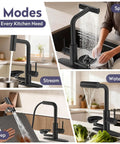Kick Things Up A Notch With This Solid Matte Black Single Hole Faucet Offering A Smooth Pull Down Sprayer And Handy Cup Washer For Hassle Free Kitchen Tasks, showcasing 4 modes.