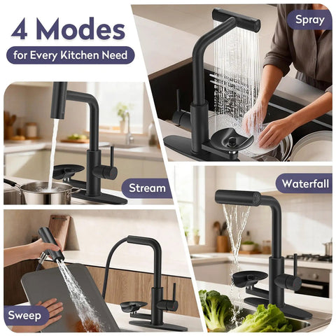 Kick Things Up A Notch With This Solid Matte Black Single Hole Faucet Offering A Smooth Pull Down Sprayer And Handy Cup Washer For Hassle Free Kitchen Tasks, showcasing 4 modes.