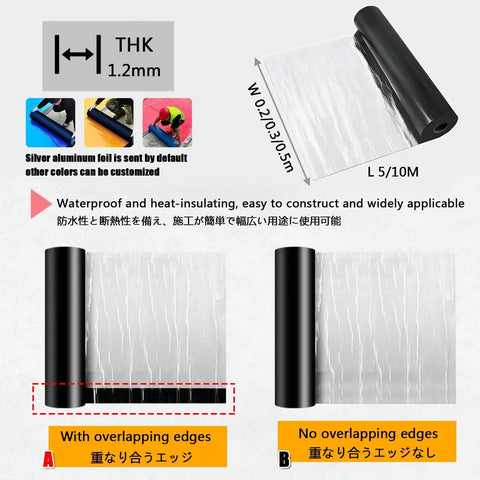 Self Adhesive Asphalt Crack Repair Tape For Concrete And Flat Roofs Black Sbs Modified Bitumen Flashing Sealant With Aluminum Foil Heat Barrier, 1.2mm thick, 5/10M long, showing overlapping and non-overlapping edges.