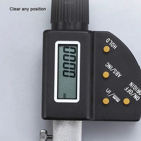 Close-up of Depth Micrometer With Digital Display Ultraprecise 0-25mm Depth Gauge showing LCD and control buttons.