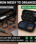 Comparative image of an open Hard Shell SSD Case For SanDisk Extreme Portable SSD Old And New Models And Extreme PRO with organized gadgets.