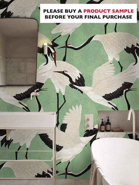 Removable Green White Japanese Herons Modern Wallpaper For Living Rooms And Home Decor Eco Paper Diy Easy Peel 8 Sheets