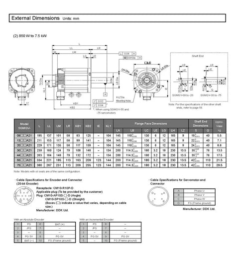Side and front view technical drawing of CHUNYE SGMGV servo motor with external dimensions and shaft end details