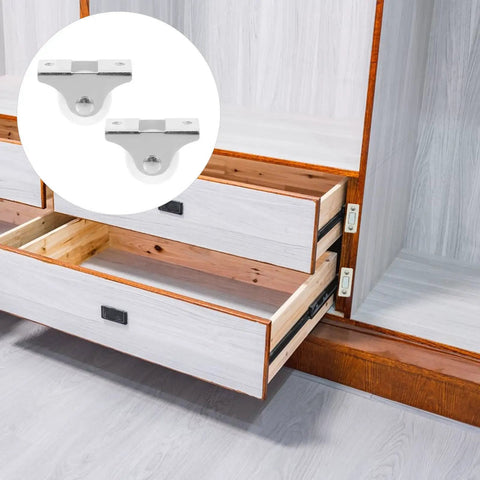 12pcs Inch Rigid PP Directional Caster Wheel for Furniture DIY with visible drawer slides and wooden cabinet in background.