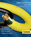 Close-up of Heavy Duty 25 Foot 12 Gauge Outdoor Extension Cord With Lighted End, Waterproof 3 Prong SJTW 15A 1875W Yellow Cable showing copper wires