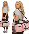Three In One Travel Gym Bag Set For Women, Large Carry On Duffle Tote With Shoe Compartment, Wet Dry Separation, Pink, model showing bag