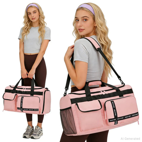 Three In One Travel Gym Bag Set For Women, Large Carry On Duffle Tote With Shoe Compartment, Wet Dry Separation, Pink, model showing bag