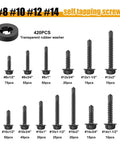 840 Piece Self Tapping Screws For Metal Set In Sizes 14 12 10 And 8 410 Stainless Steel, various sizes displayed with washers