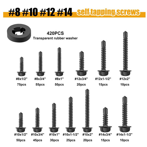 840 Piece Self Tapping Screws For Metal Set In Sizes 14 12 10 And 8 410 Stainless Steel, various sizes displayed with washers