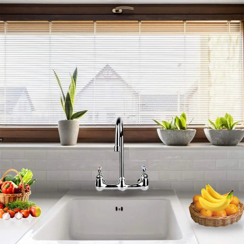 Wall Mount Commercial Kitchen Faucet With 8 Inch Center, 6 Inch Gooseneck Swivel Spout, Dual Handles, Brass Construction in a modern kitchen