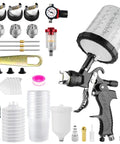 Heavy Duty HVLP Spray Gun Kit With Dual Cups And Precision Brass Nozzles Designed For Car Painting And Wood Finishing, all accessories included.