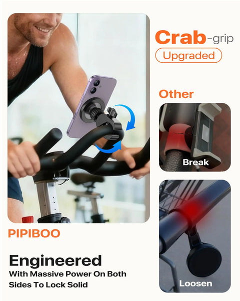Ride Ready Magnetic Phone Holder Clamp Mount on exercise bike showing 360° rotation and secure grip with 24 N55 magnets