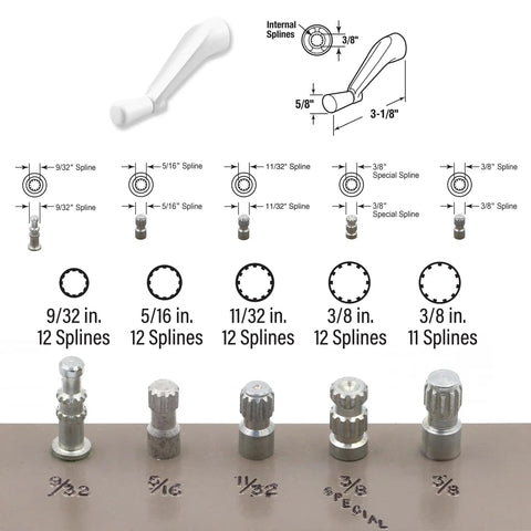 Casement Window Crank Handle Three Eighths Inch Bore Three And One Eighth Inch Reach White Diecast Construction No Fuss Easy Glide 360 Degree Operation Spline Socket Replacement Single Pack with size and spline specifications.