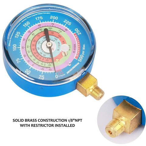 Refrigeration Pressure Gauge Kit With 3-1/8 Inch Dial, Dual Color Blue And Red Dials, 1/8 NPT Lower Mount, -30inHg To 0-250psi, 250-500psi And 0-800psi, For R-134a R-404A R-22 R-410A HVAC Pros brass gauge with blue case and 1/8 NPT fitting