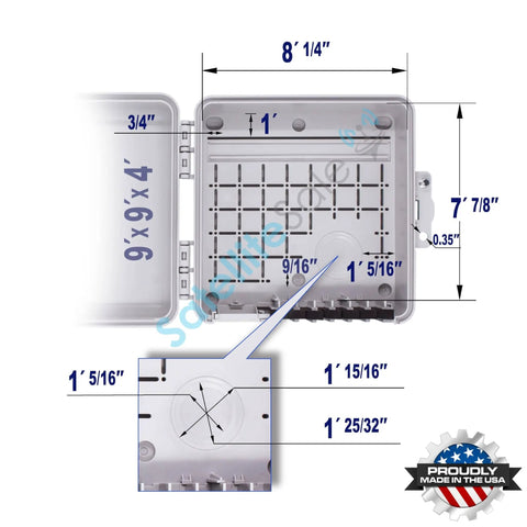 Weatherproof Junction Box Heavy Duty Enclosure 9x9x4 Inches UV Rated Thermoplastic Alloy Made In USA open view with measurements