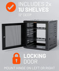 12U Enclosed Wall Mount Network Rack With Dual 1U Shelves, open door view, lockable front, 600mm depth for AV gear in home theaters and offices.