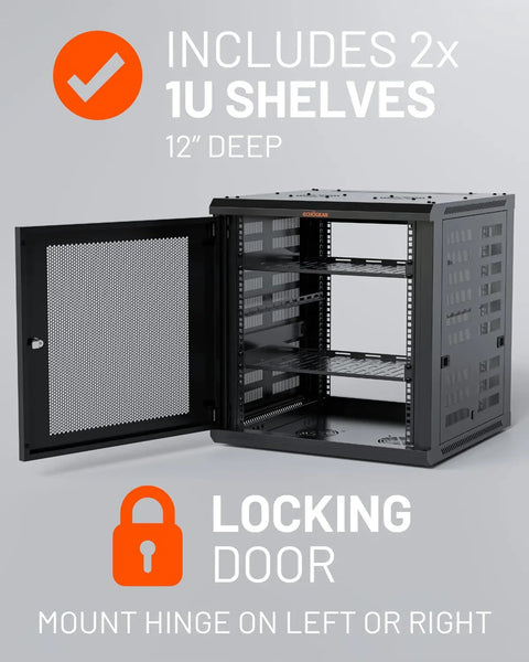 12U Enclosed Wall Mount Network Rack With Dual 1U Shelves, open door view, lockable front, 600mm depth for AV gear in home theaters and offices.