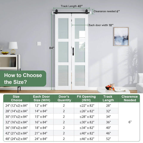 Double 18x84 White Frosted Glass Bifold Barn Door Set, 36x84 Inch With 40 Inch Hardware Kit Included displayed in a room setting