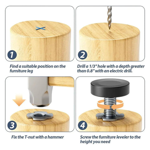 Step-by-step guide showing installation of Adjustable Foot Pads For Furniture And Home Use, Grippy Non Slip Floor Protectors.