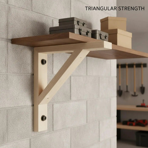 Solid Wood Shelf Bracket For Floating Shelves, Heavy Duty Triangular Wall Mount Support under wooden shelf with boxes