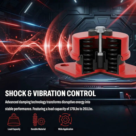 Premium Heavy Duty Spring Vibration Isolators With Mounting Bolts, red isolator with springs, load capacity 176 to 261 lbs.