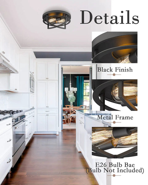 Two-Light Farmhouse Flush Mount Ceiling Light In Black Finish 13 Inch Ceiling Fixture perfect for hallways, kitchens view