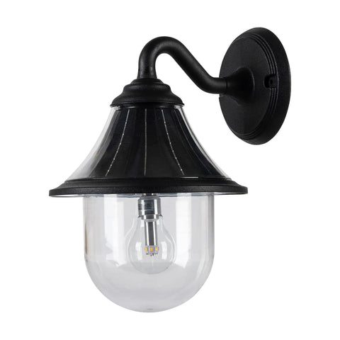 Orion Outdoor Solar Wall Light With 150 Lumen Warm White LED At 2700K, Durable Black Resin Industrial Style Downlight Sconce