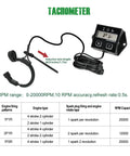Digital Inductive Tach Hour Meter With RPM Gauge for engines showing wire length and range details