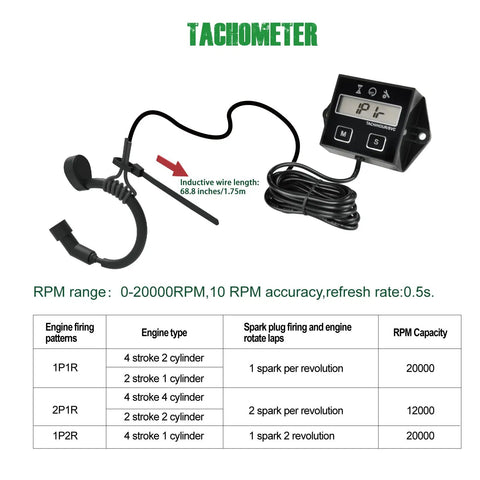 Digital Inductive Tach Hour Meter With RPM Gauge for engines showing wire length and range details