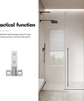 Heavy Duty Stainless Steel Shower Door Pivot Hinges With Smart Dual Hole Design For No Sweat Glass Door Swap and Top Shelf Bathroom Hardware Makeover in a modern shower.