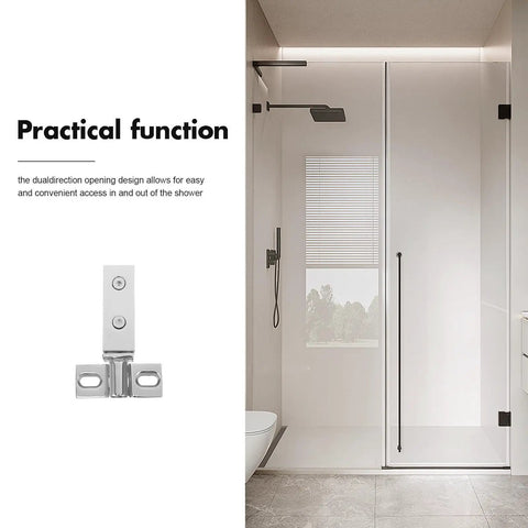 Heavy Duty Stainless Steel Shower Door Pivot Hinges With Smart Dual Hole Design For No Sweat Glass Door Swap and Top Shelf Bathroom Hardware Makeover in a modern shower.