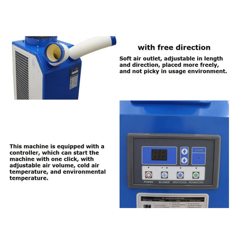 Image of Heavy Duty Outdoor Air Conditioner Straight Up Industrial Powerhouse 220V with adjustable air outlet and control panel.