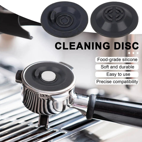 Pro Grade Espresso Maintenance Kit For Luxe Coffee Machines With 2 Backflush Discs 4 Activated Carbon Water Filters And 8 Espresso Care Tablets product image showing silicone backflush disc on portafilter.