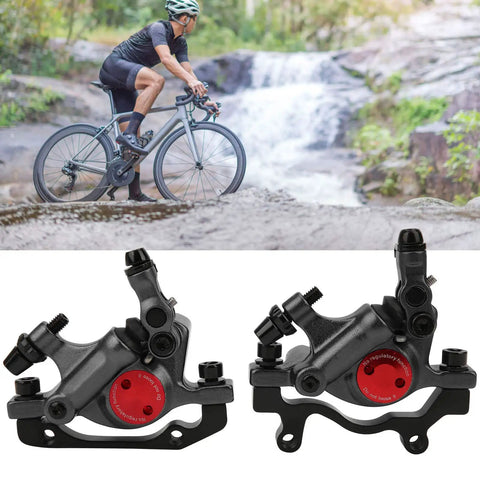 Heavy Duty Aluminum Disc Brake Set Delivers Beast Mode Stopping Power With A Slick No Fuss Setup That Crushes It For Mountain Trails Or Daily City Rides Keeps You Secure All Day Black, shown alongside a cyclist.